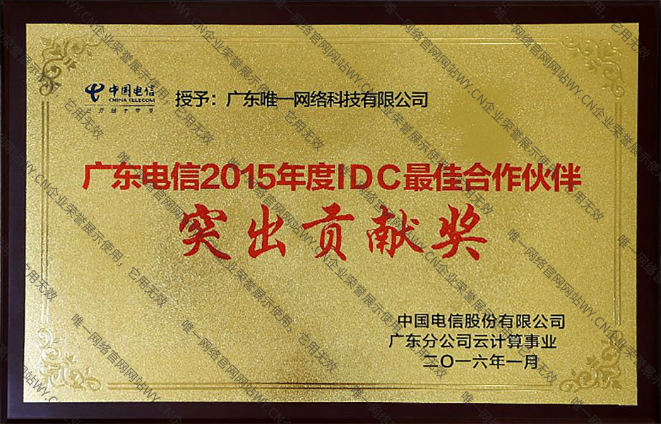 广东电信2016年度IDC优秀合作伙伴奖