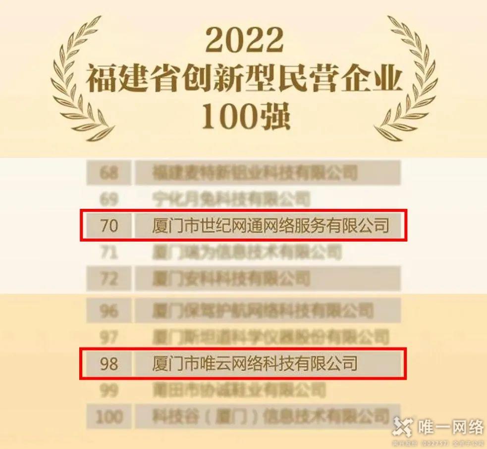 唯一网络厦门公司入选2022福建省创新型民营企业百强榜单